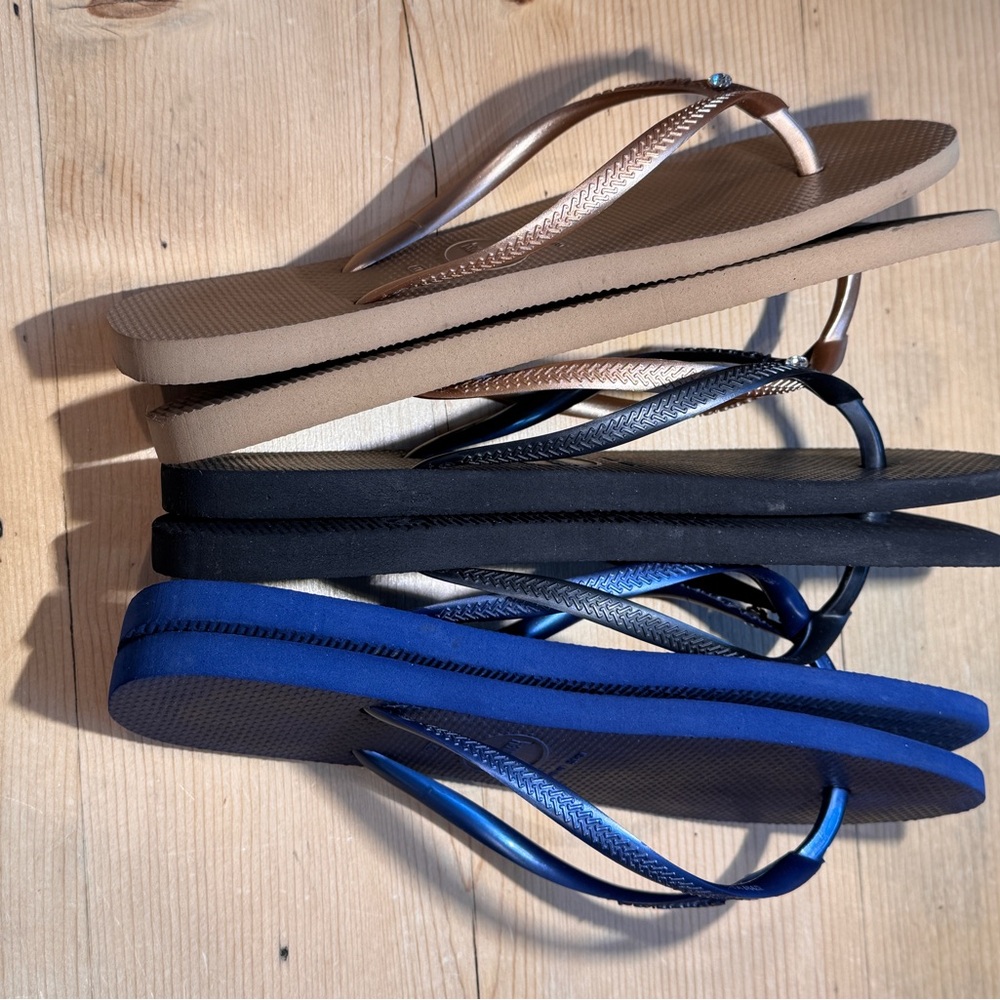 Havaianas Slim Crystal SW II Sandals, lot of 3 Blue,Black,Gold 9/10 41/42 Women